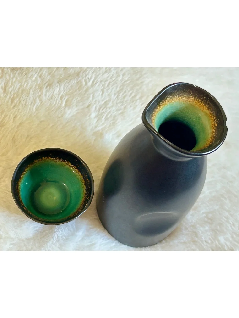 Ceramic Sake Set with Black Exterior and Green Interior Glaze